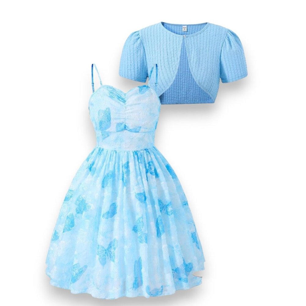 SHEIN Kids Elegant Textured Fabric Spaghetti Strap Vacation Style Dress With Coa - Picture 1 of 9